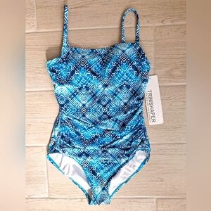 Trim Shaper women's blue and white abstract print one-piece swimsuit size 10 NWT